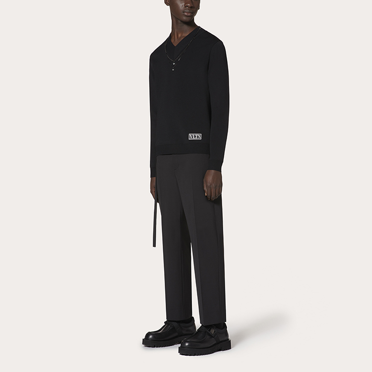 Purchase Pantalones Casuales Negros Valentino Pierna Recta con Lazo en la Cintura UV0RBF706DP0NO