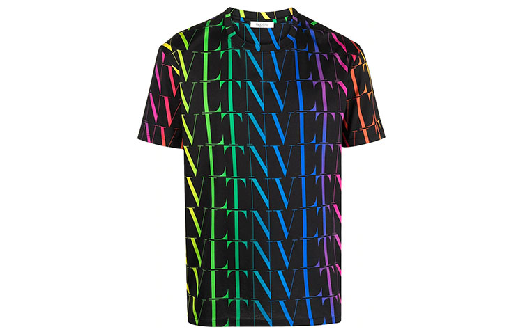 Valentino Black T-Shirt with Rainbow Logo Print. VV3MG08J73T20K