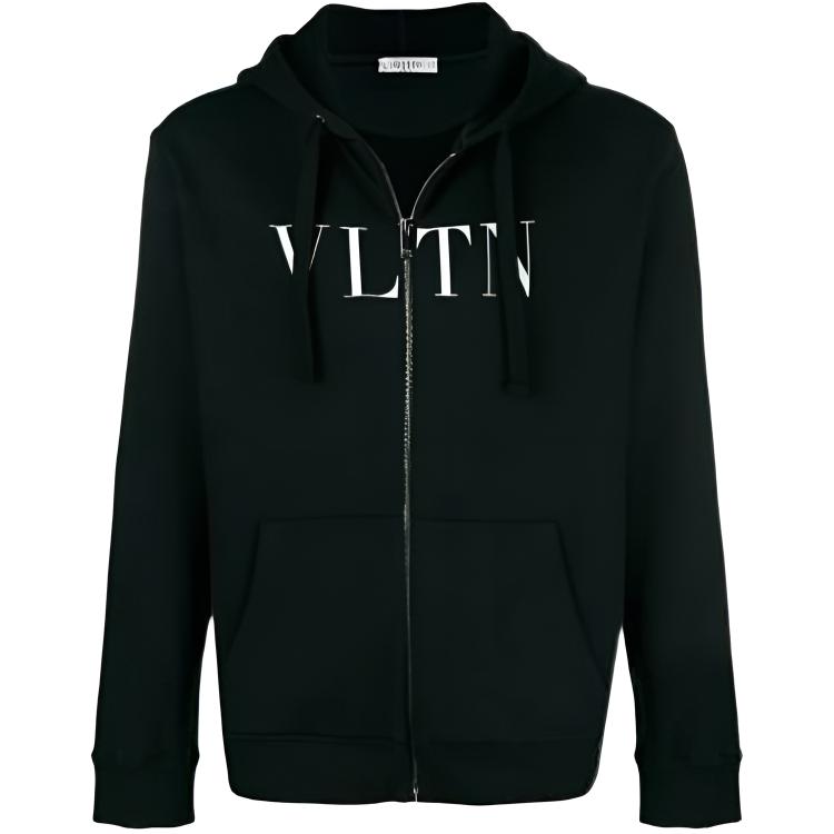 Valentino Black Zip-Up Hoodie with Letter Logo Print SV3MF11I3TV0NO