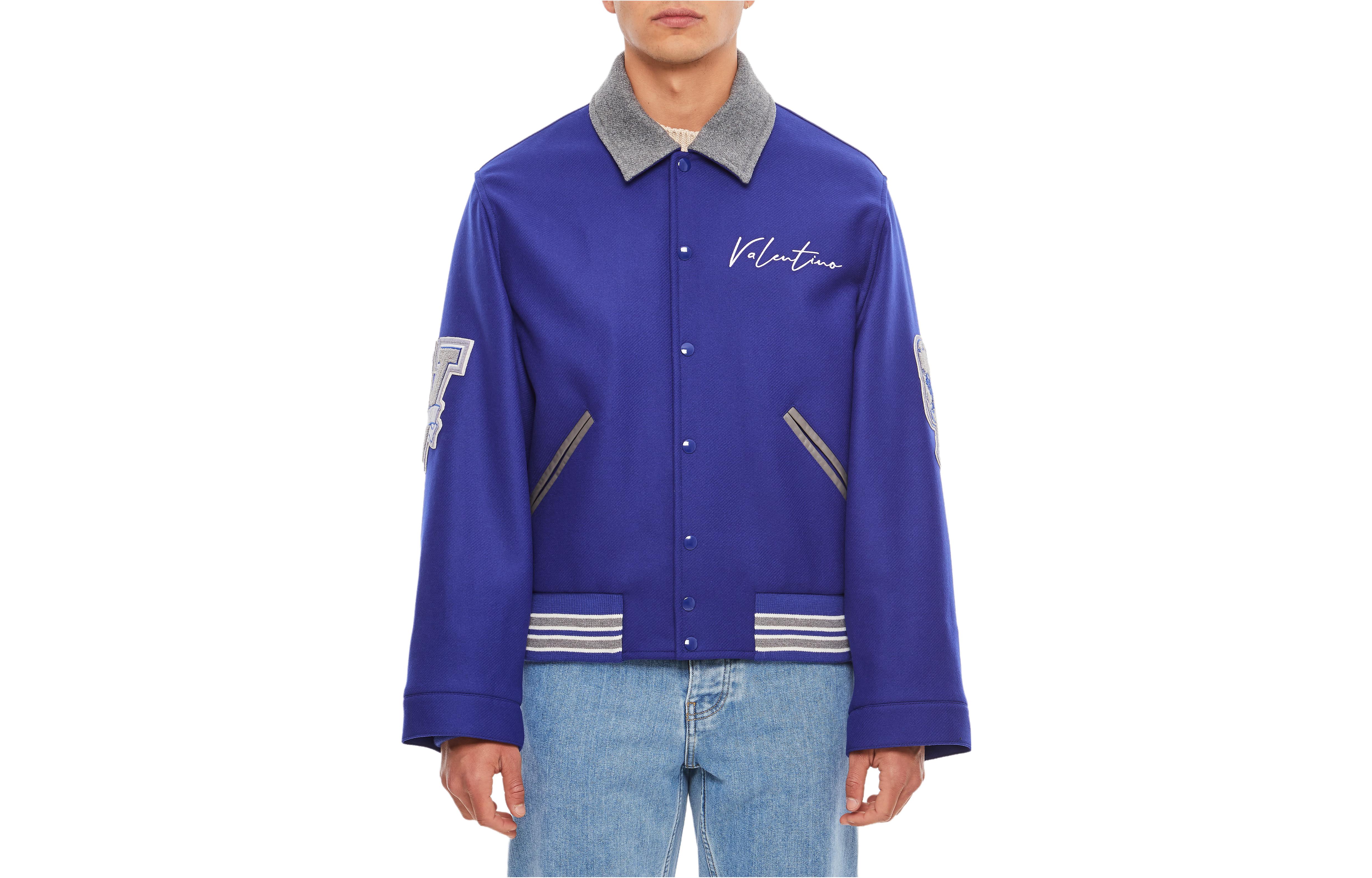 Valentino Blue Jacket with Letter Embroidery and Button-Up Design 2V3CIM1591EV2C
