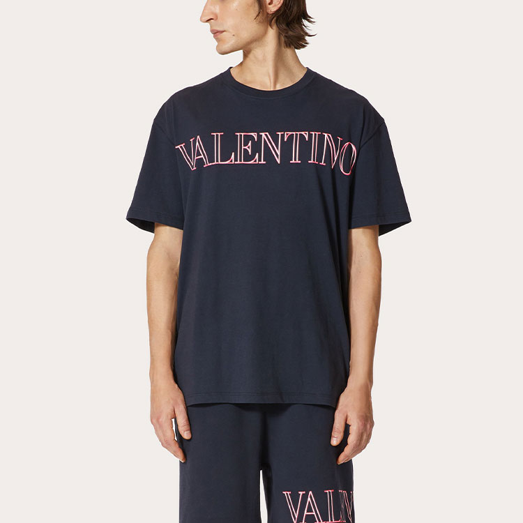 Shop Valentino 藍色Logo印花休閒圓領短袖T恤 XV3MG11H85MD98