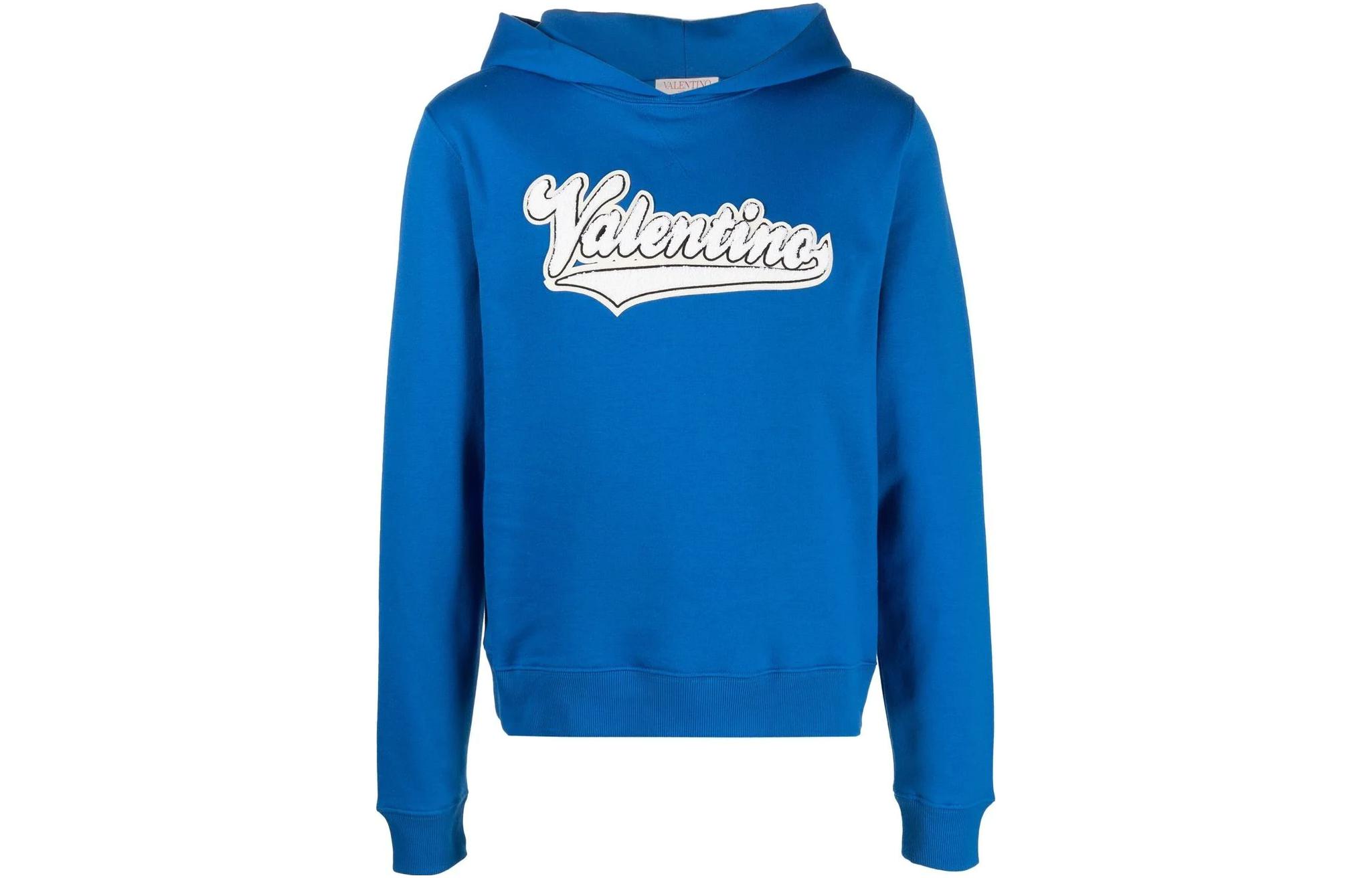Valentino Blue Terry Hoodie with Letter Patch Design VMF22U8RMA60