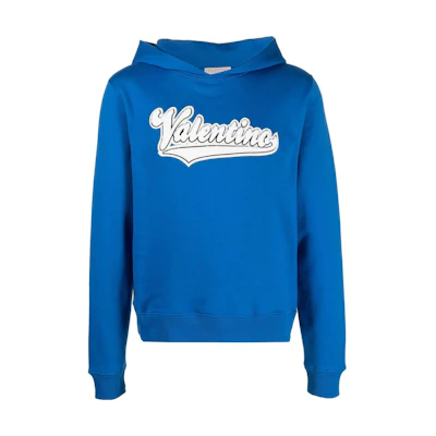 Valentino Blue Terry Hoodie with Letter Patch Design VMF22U8RMA60