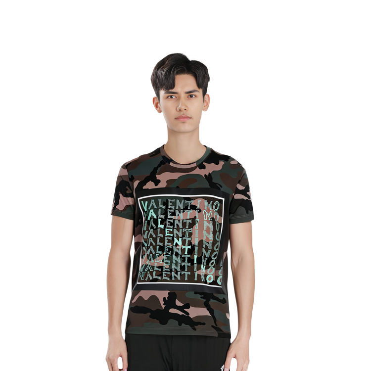 Shop 발렌티노 카무플라주 로고 프린트 티셔츠 아미 그린 RV3MG01LSEGF00