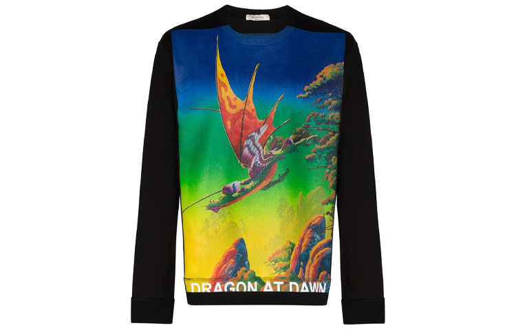 Valentino Dragon At Dawn Graphic Pullover Sweatshirt Black VMF12T69L38M