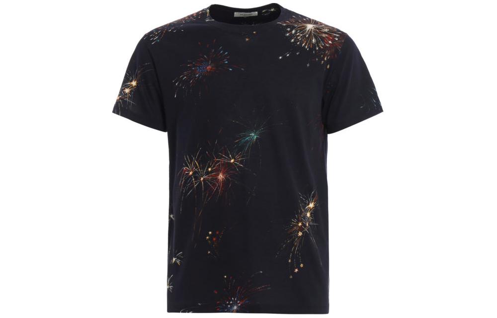Valentino Fireworks Print Crewneck Short Sleeve T-Shirt Navy Blue Mens. NV3MG01Z4FUZA1