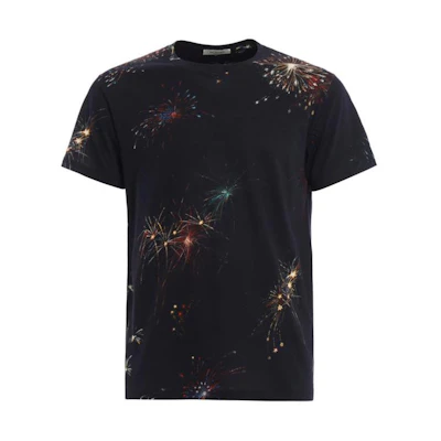 Valentino Fireworks Print Crewneck Short Sleeve T-Shirt Navy Blue Mens. NV3MG01Z4FUZA1