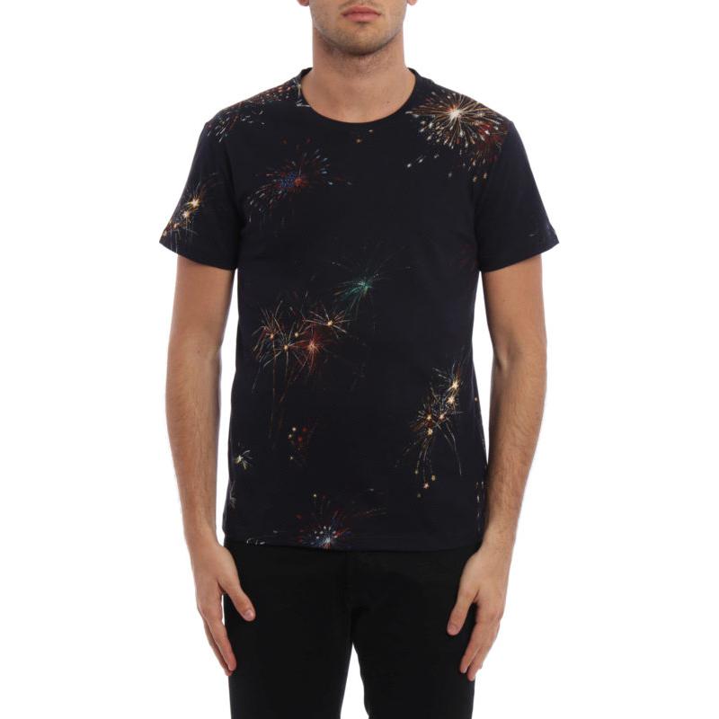 Shop 발렌티노 불꽃 프린트 크루넥 반팔 티셔츠 네이비 블루 남성용. NV3MG01Z4FUZA1