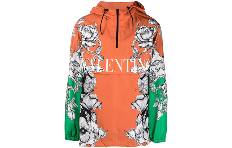 Valentino Floral Print Windbreaker Jacket Orange VCJG407M7C28
