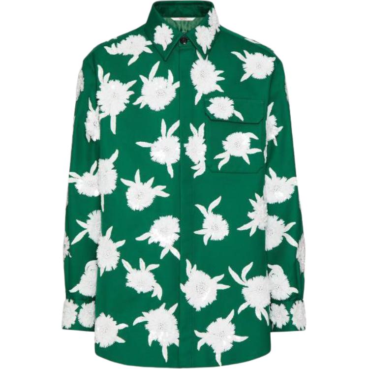 Valentino Floral Sequin Embroidered Cotton Shirt Jacket Green 4V0CIO09A1D510