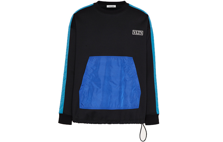Valentino FW21 Black Cotton Crewneck Sweatshirt with Nylon Patch & VLTN Logo WV3MF18L7GUC26