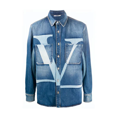 Valentino FW21 Blue Denim Jacket with Letter Print and Button Closure. UV3DB00G6H5598
