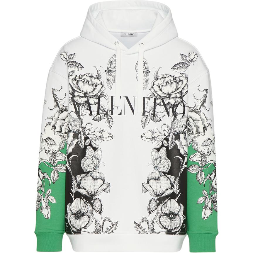 Valentino FW21 Dark Blooming Print Cotton Hoodie White/Green Long Sleeve. WV3MF19I7L6U23