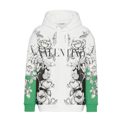 Valentino FW21 Dark Blooming Print Cotton Hoodie White/Green Long Sleeve. WV3MF19I7L6U23