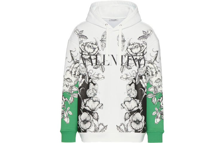 Order 발렌티노 FW21 다크 블루밍 프린트 코튼 후디 화이트/그린 긴팔. WV3MF19I7L6U23