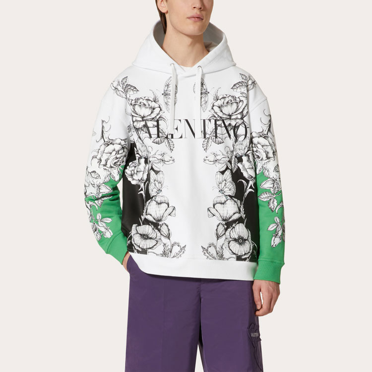 Lookbook 발렌티노 FW21 다크 블루밍 프린트 코튼 후디 화이트/그린 긴팔. WV3MF19I7L6U23