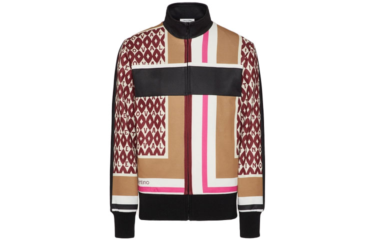 Order Valentino FW21 Jaket Zip-Up Kapas Teknologi Cetak Geometri Beige Lelaki. WV3MF19N7M4E25