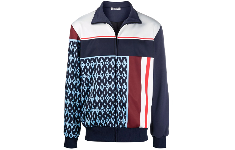 Valentino FW21 Logo Print Zip-Up Colorblock Jacket Blue VMF19P7M3B48