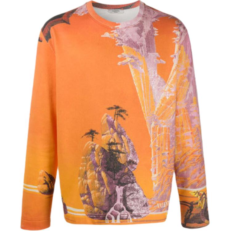 Valentino FW21 Orange Logo Print Pullover Long-Sleeve Sweatshirt VMF12F68N82M