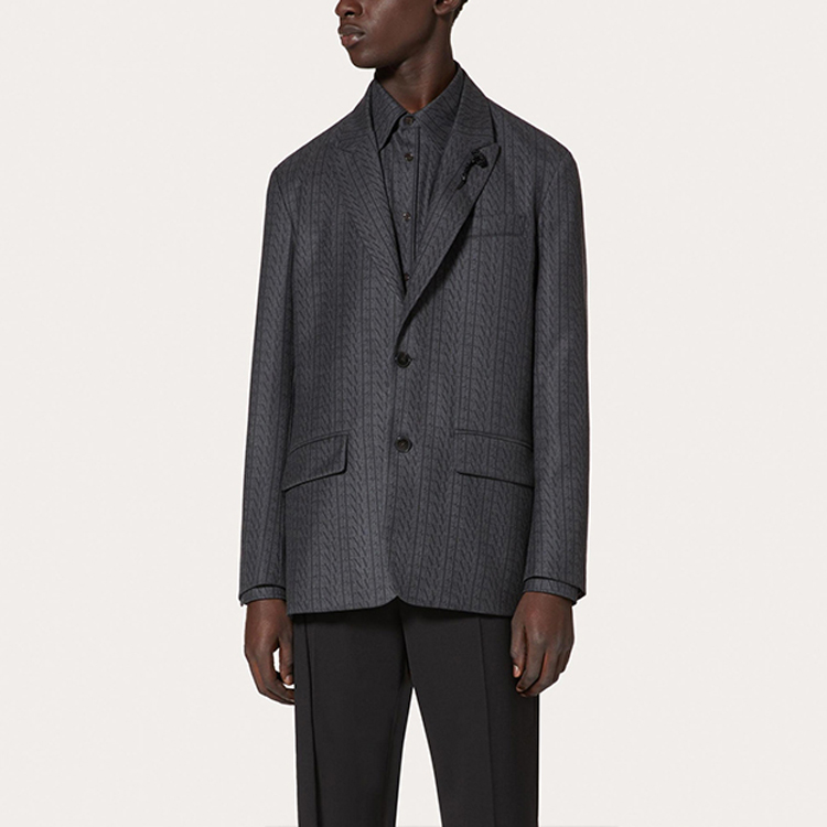 Shop Valentino FW21 Jaket Blazer Lelaki Kelabu Gelap dengan Butiran Tali. UV0CEB806R870R