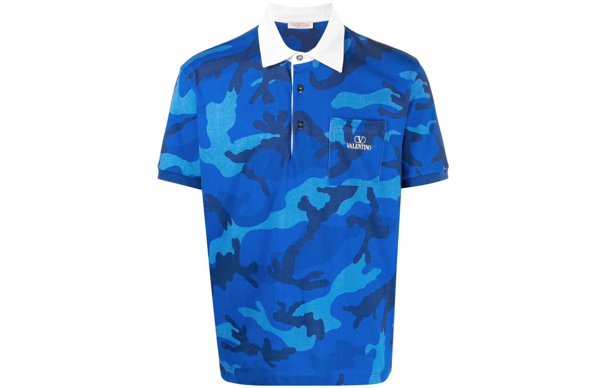 Valentino FW22  Blue Camouflage Print Button-Up Short Sleeve Polo Shirt 1V3MH02K8M97QK
