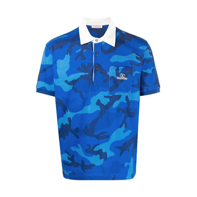 Valentino FW22 Blue Camouflage Print Button-Up Short Sleeve Polo Shirt 1V3MH02K8M97QK