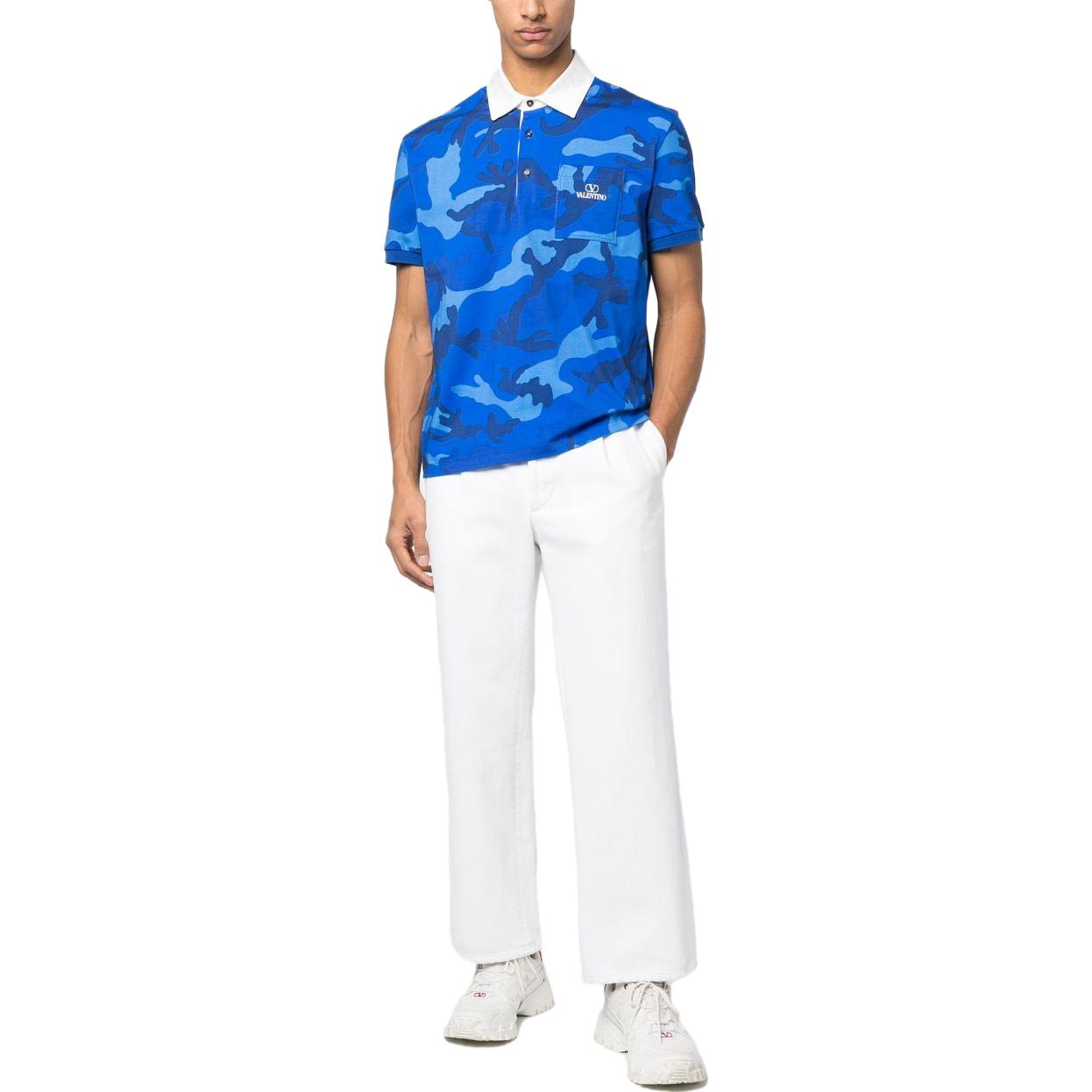 Lookbook 발렌티노 FW22 블루 카모플라주 프린트 반팔 버튼업 폴로 셔츠 1V3MH02K8M97QK
