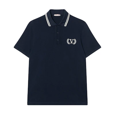 Valentino FW22 Embroidered Logo Short Sleeve Polo Shirt Navy Blue 1V3MH01N8PG598