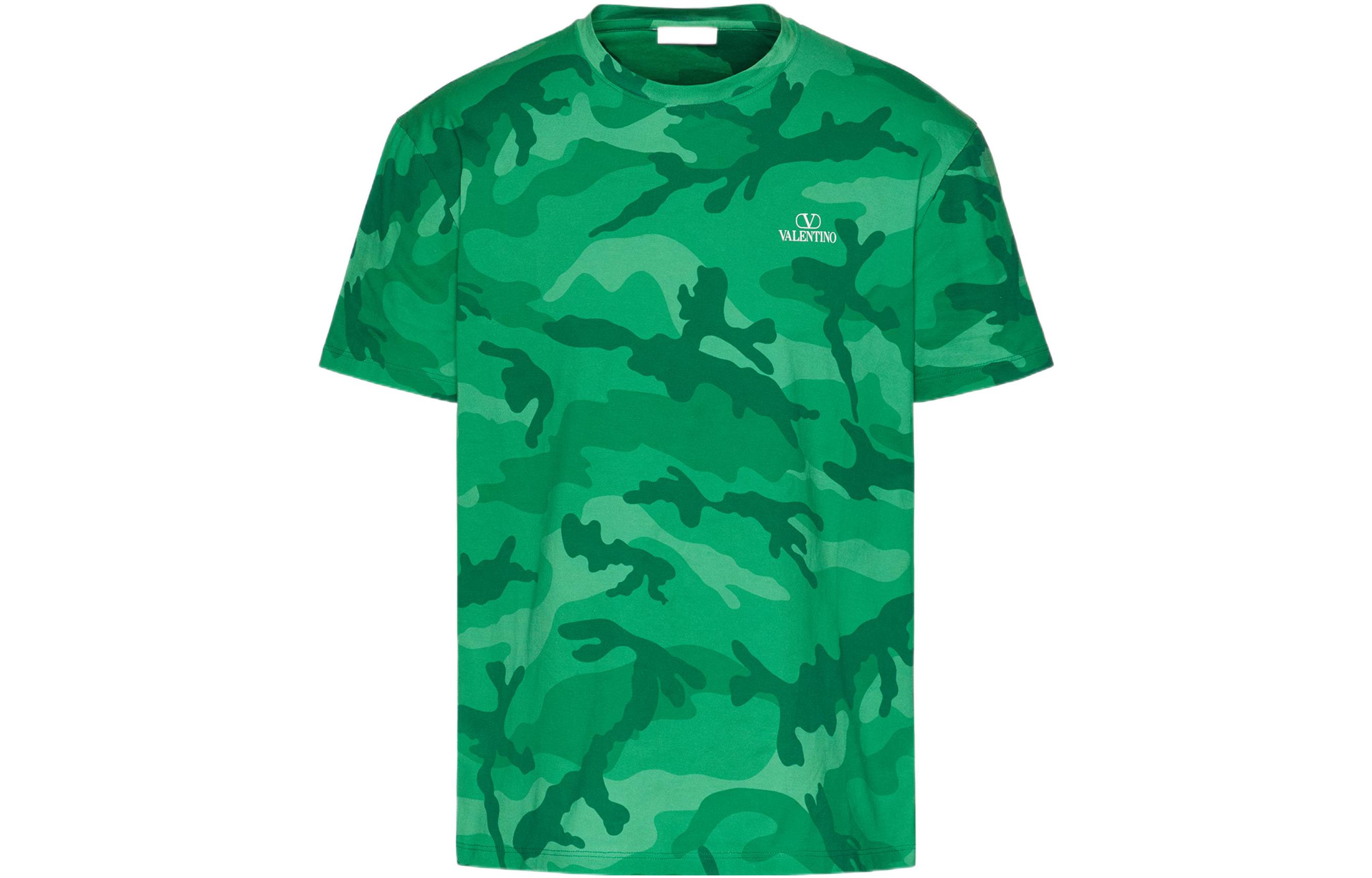 Order Valentino FW22 Kaos Hijau Camouflage Print Crewneck Katun. 1V3MG10V8ML6V7