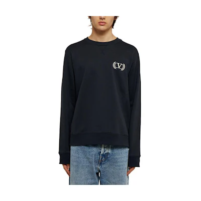 Valentino FW22 Navy Blue Embroidered Logo Pullover Sweatshirt 1V3MF10G8MHNB4