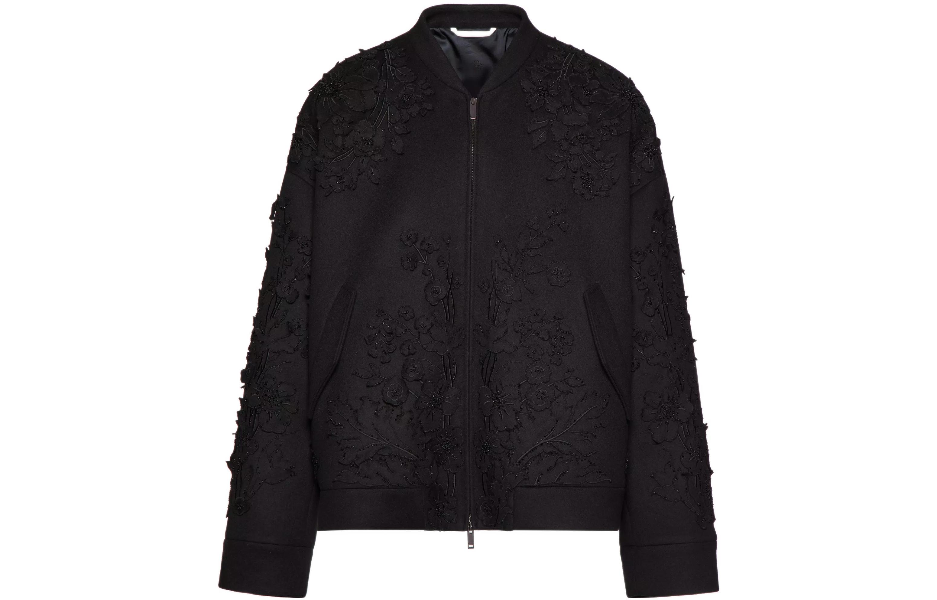 Valentino FW22 Black Floral Embroidered Zip-Up Jacket Men’s VCIM358UM-0NO