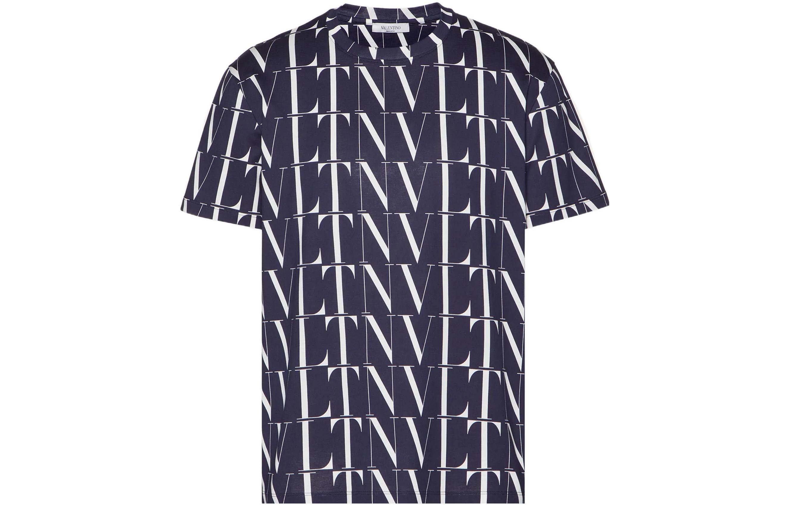 Valentino FW22 Blue Monogram Logo Print Crewneck Short Sleeve T-Shirt Men. VV3MG08J73T0V6