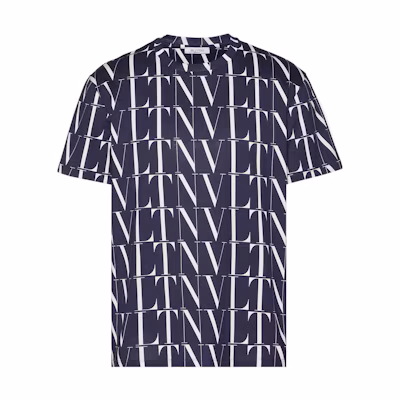 Valentino FW22 Blue Monogram Logo Print Crewneck Short Sleeve T-Shirt Men. VV3MG08J73T0V6