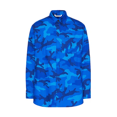 Valentino FW22 Camouflage Embroidered Logo Cotton Oversized Shirt Blue Fashion 1V3CIA958JH7PR
