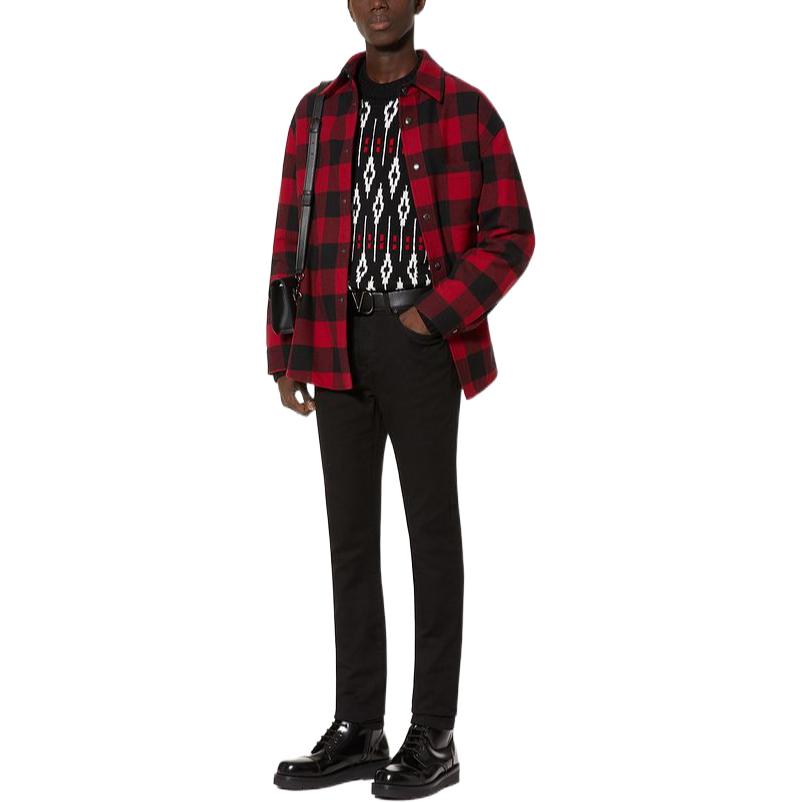 Shop Valentino FW22 Sweater Rajut Geometris Wol Hitam Crewneck Pullover 1V3KC22G8PNI71