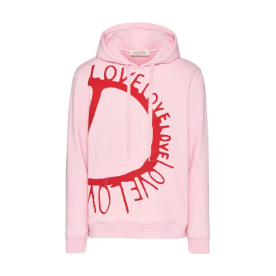 Valentino FW22 Qixi Exclusive Pink Heart Print Pullover Hoodie for Men 1V3MF24E8U0X76