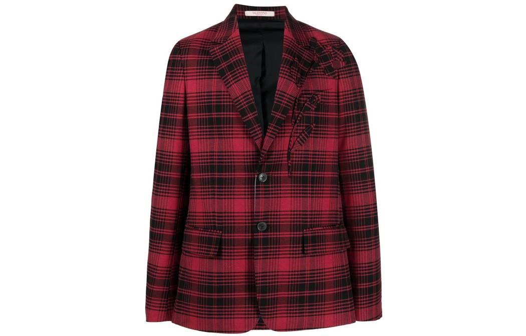 Valentino FW22 Red Floral Embroidered Check Blazer Jacket for Men 1V3CEE108K7QC0