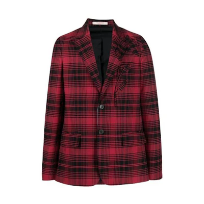Valentino FW22 Red Floral Embroidered Check Blazer Jacket for Men 1V3CEE108K7QC0