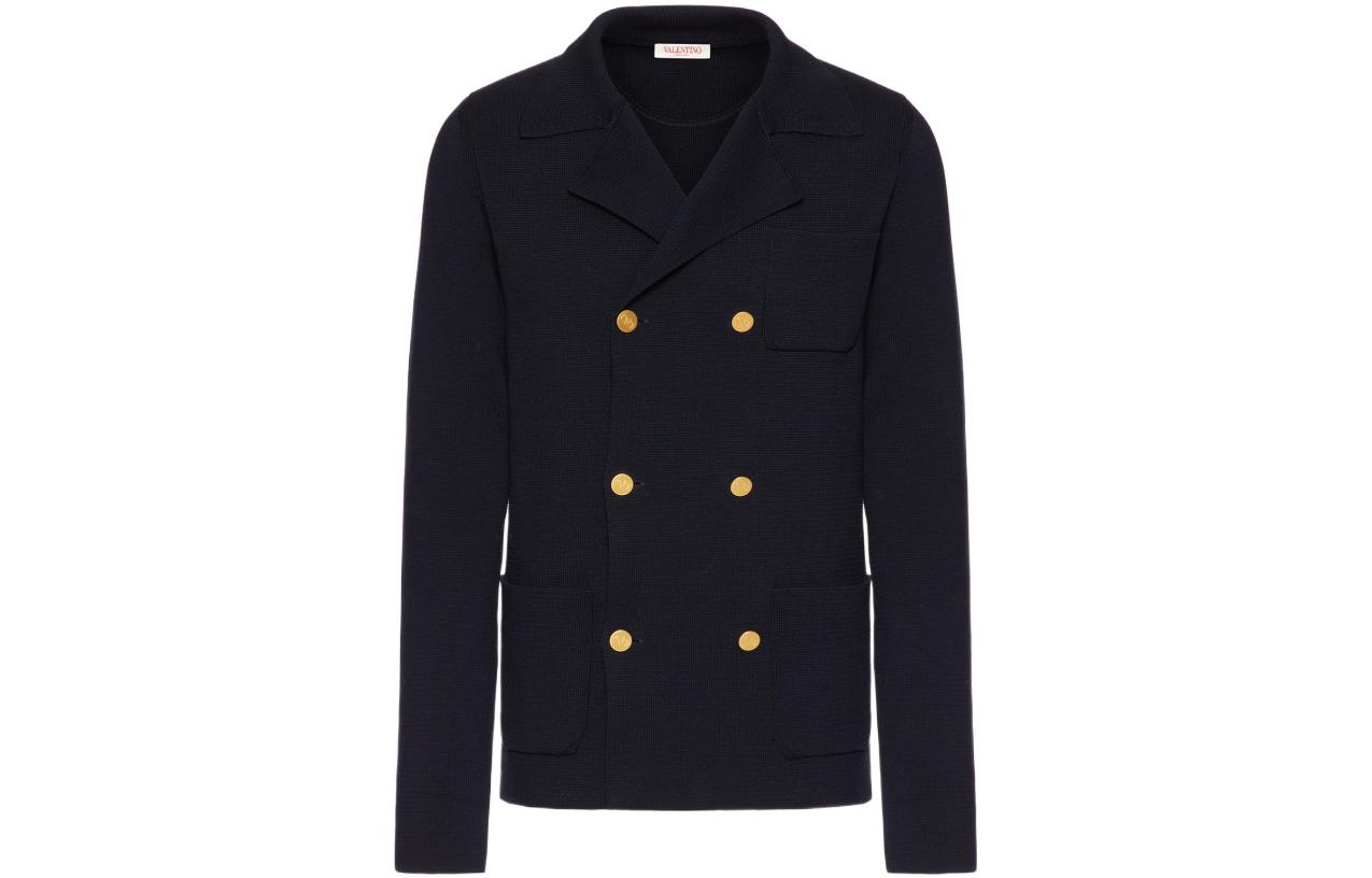 Valentino FW22 Solid Double-Breasted Knit Jacket Navy Blue 1V3KA02C8RP598