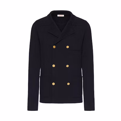 Valentino FW22 Solid Double-Breasted Knit Jacket Navy Blue 1V3KA02C8RP598