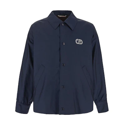 Valentino FW22 Solid Logo Patch Collared Long Sleeve Jacket Men’s Navy Blue 1V3CIF808J5589