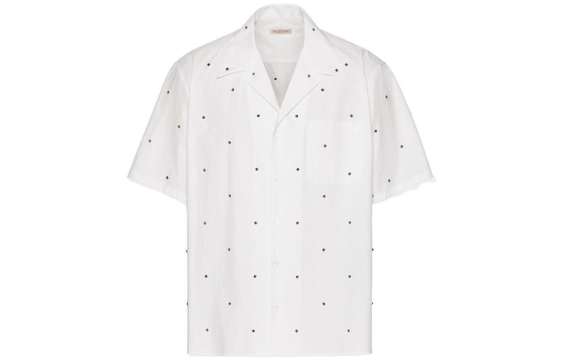 Order Valentino FW22 Baju Putih Lengan Pendek Relaxed Fit dengan Detil Stud. 1V3AAA944WW001