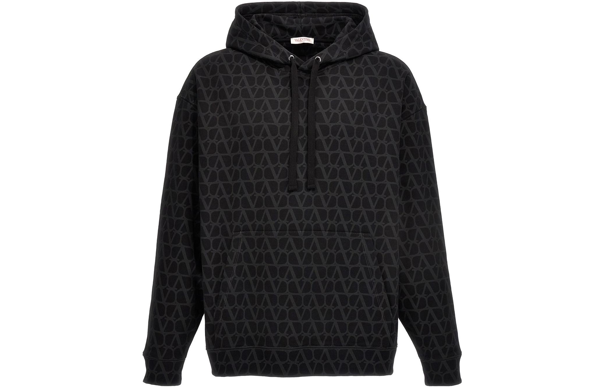Valentino FW23 All-Over Logo Print Drawstring Hoodie Black 3V3MF25R9KDMXM