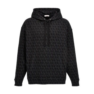Valentino FW23 All-Over Logo Print Drawstring Hoodie Black 3V3MF25R9KDMXM
