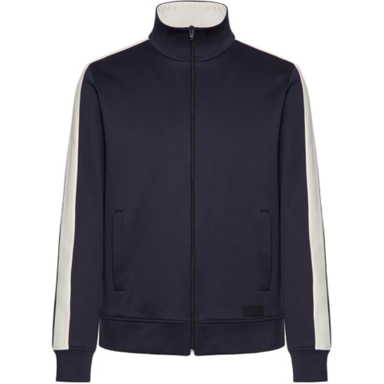 Valentino FW23 Striped Slim-Fit Zip-Up Long-Sleeve Sweatshirt Navy Blue Men 4V3MF19Q9VS671