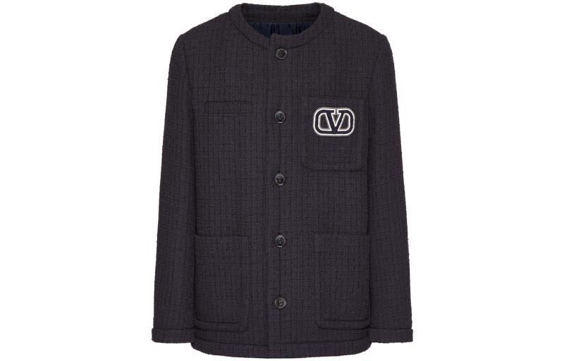 Valentino FW23 Tweed Logo Button-Up Navy Blue Jacket for Men 3V3CE2779GA598