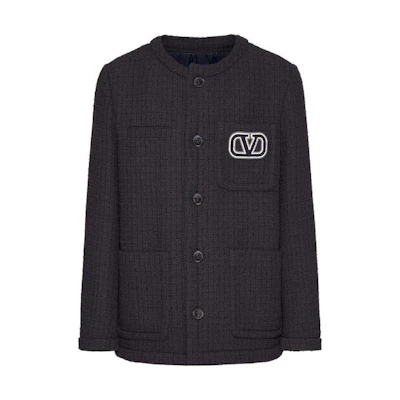 Valentino FW23 Tweed Logo Button-Up Navy Blue Jacket for Men 3V3CE2779GA598