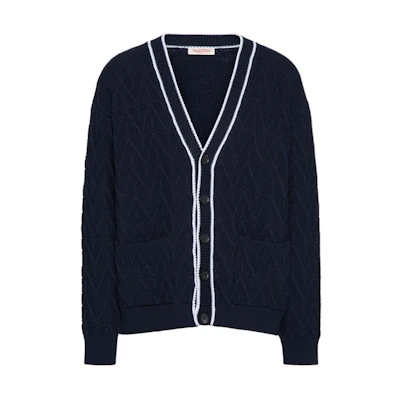Valentino FW24 Navy Blue Logo V-Neck Button-Up Knit Sweater. 5V3KA03XACD-ZDL