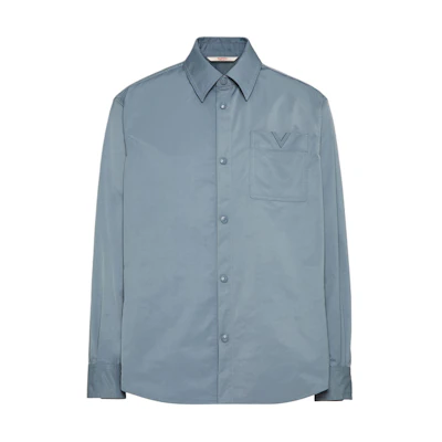 Valentino FW24 Solid Logo Badge Single-Breasted Loose Jacket Misty Blue Men 5V3CIO05CKV-S02
