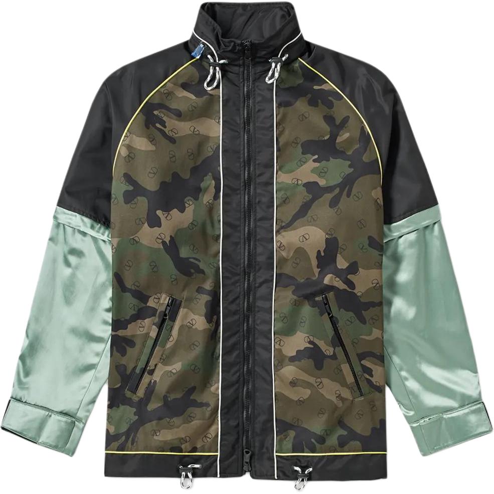 Valentino Green Camo Full-Zip Jacket with High Collar and Long Sleeves CJB60RFJ-EW4